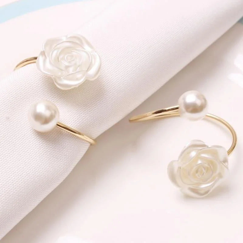 Anéis para Guardanapo Metálicos com Flores Pérola para Mesa Lenogue
