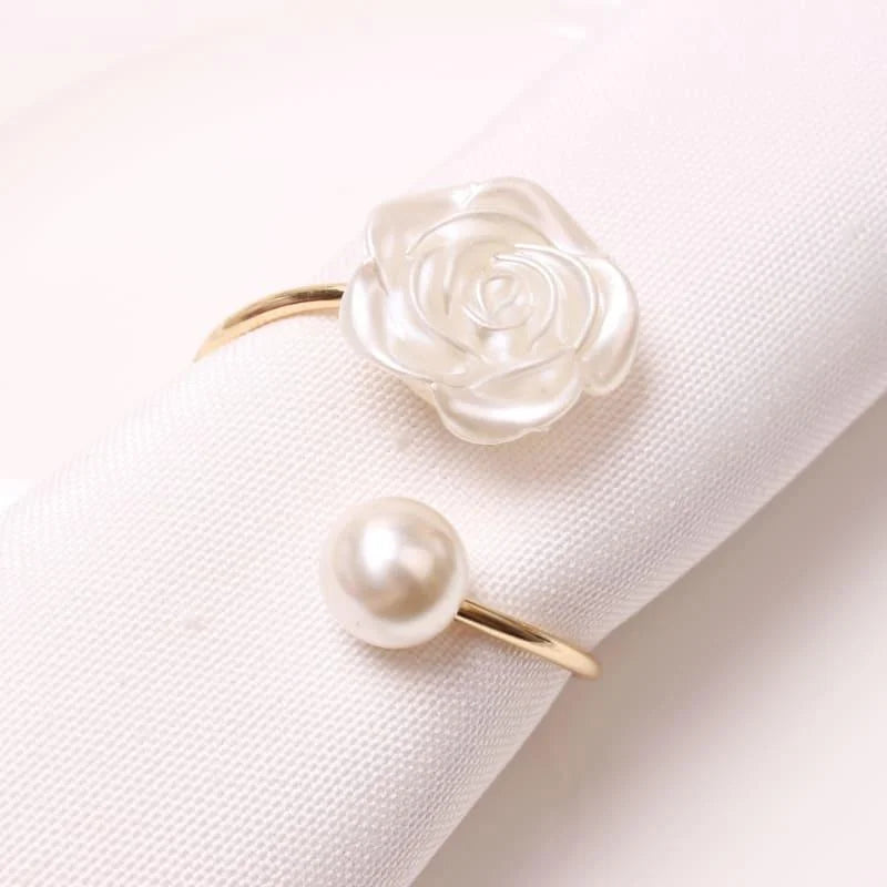 Anéis para Guardanapo Metálicos com Flores Pérola para Mesa Lenogue