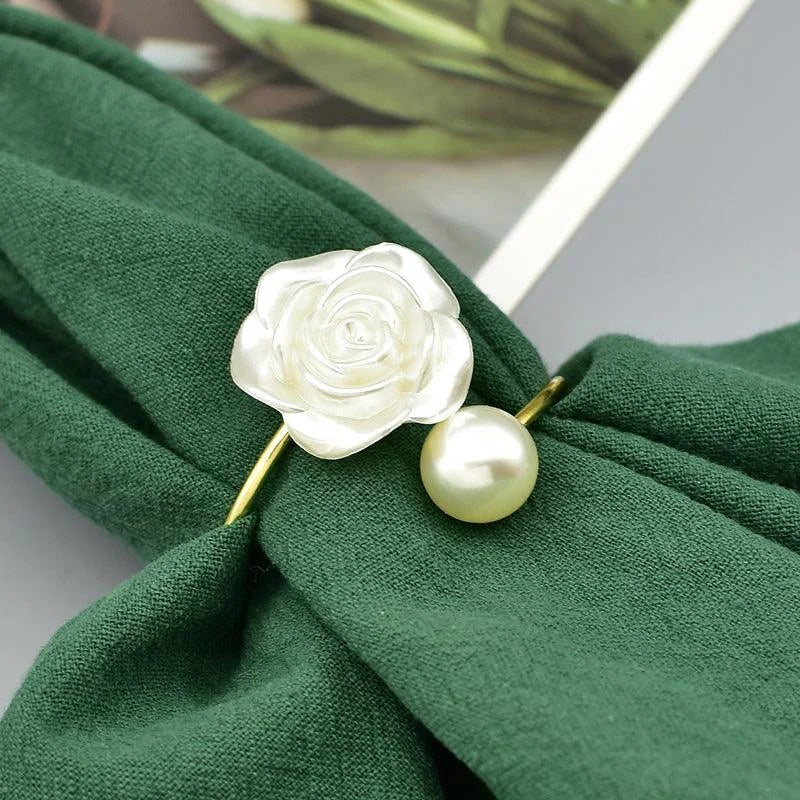 Anéis para Guardanapo Metálicos com Flores Pérola para Mesa Lenogue Pérola 6 Unidades