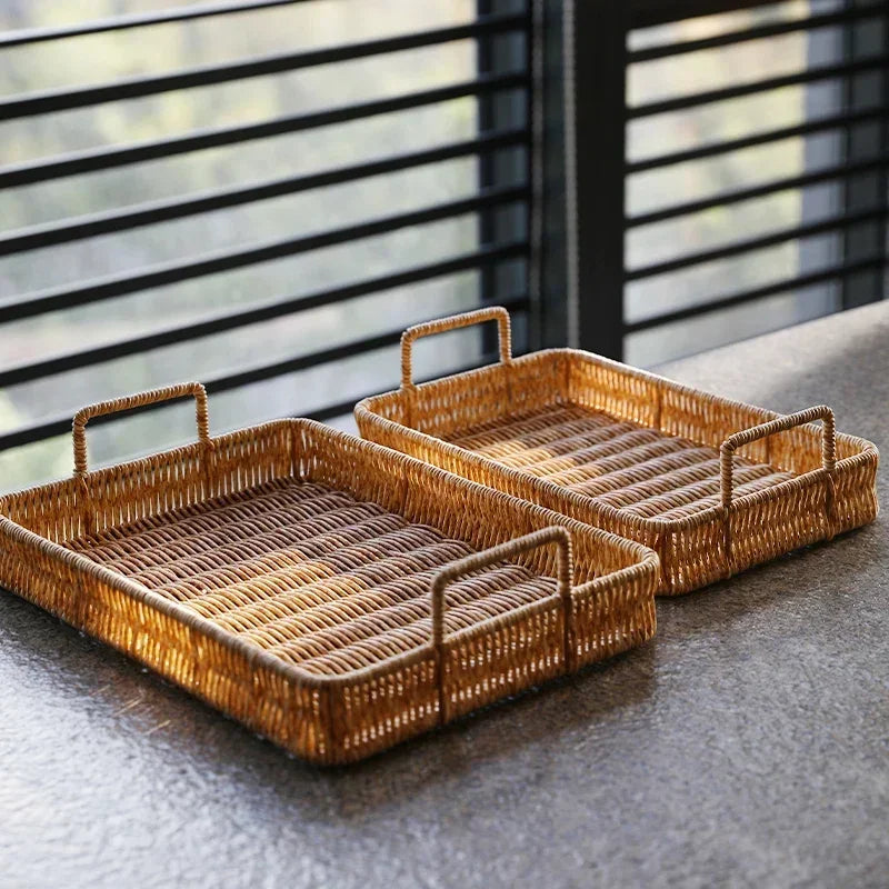 Bandeja Estilo Rattan com Alças para Servir, Decorar e Organizar Lenogue