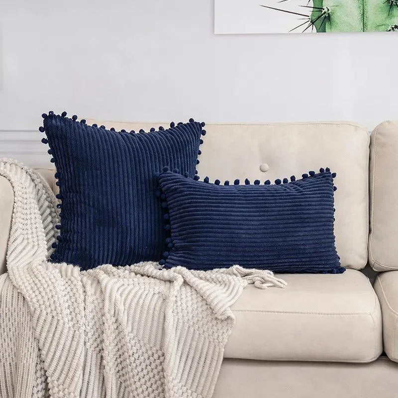 Capa de Almofada Listrada em Veludo Cotelê para Decoração Lenogue Azul Marinho / 30 x 50 Cm