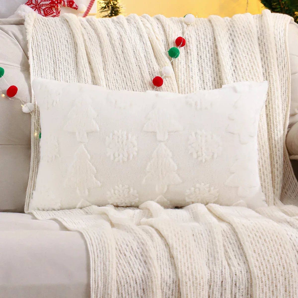 Capa de Almofada Natalina Plush Jacquard Floco de Neve Lenogue