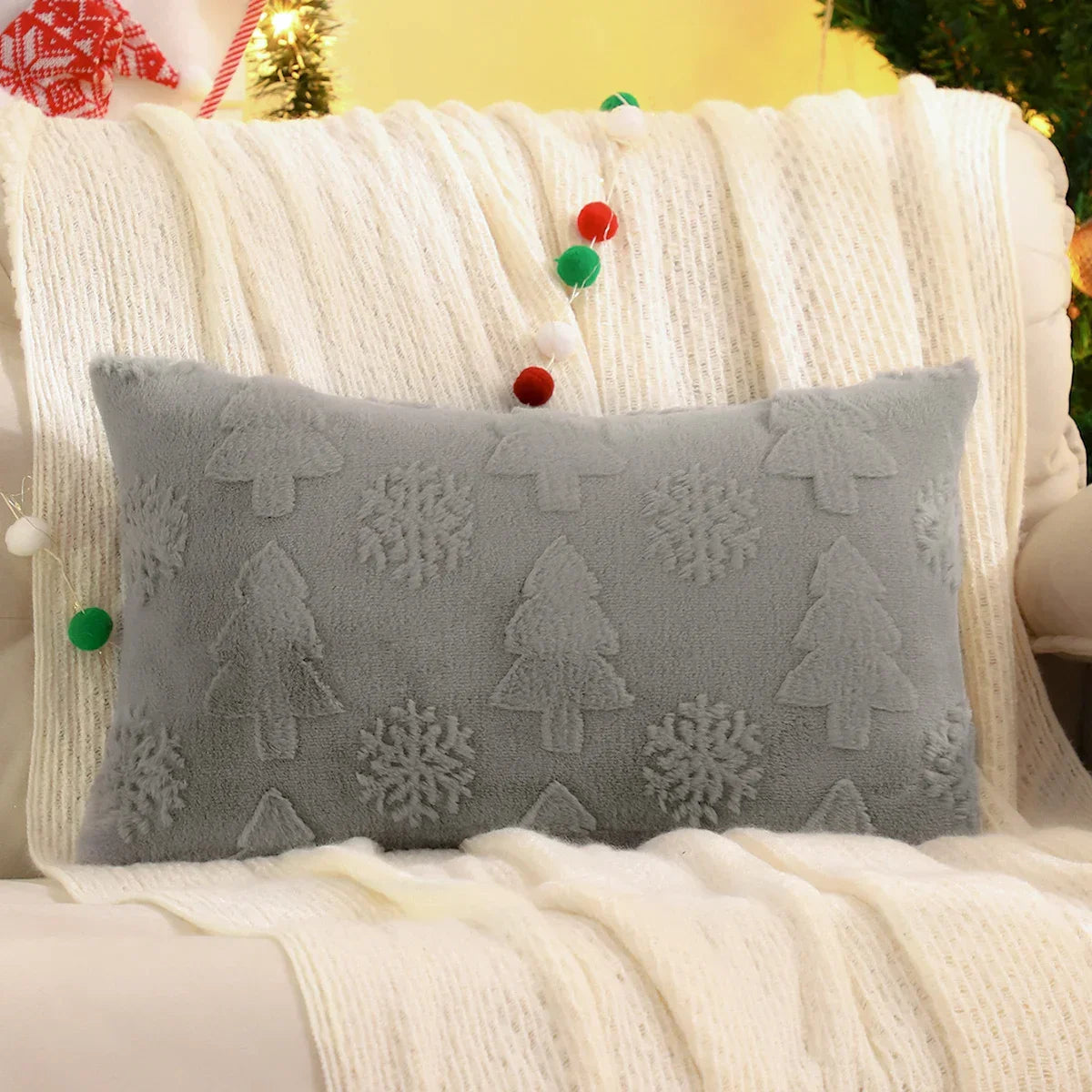 Capa de Almofada Natalina Plush Jacquard Floco de Neve Lenogue