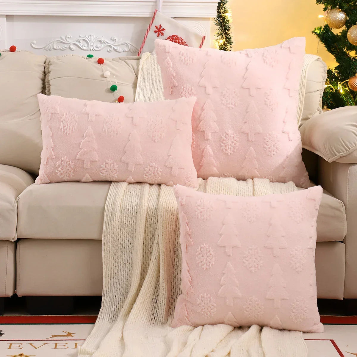 Capa de Almofada Natalina Plush Jacquard Floco de Neve Lenogue