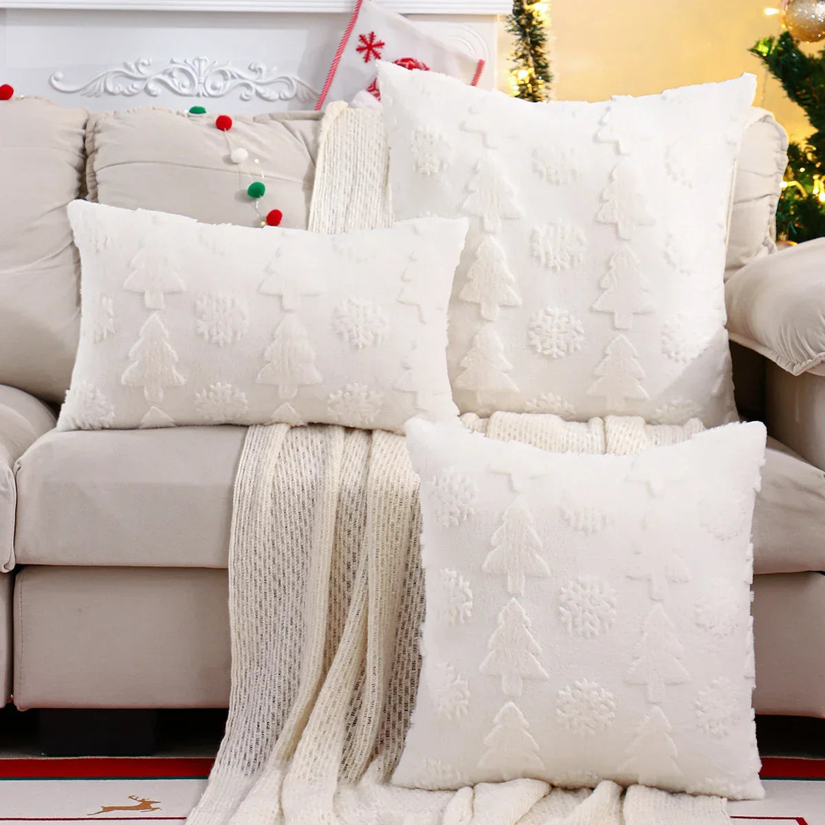 Capa de Almofada Natalina Plush Jacquard Floco de Neve Lenogue