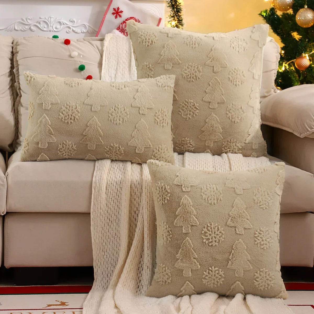 Capa de Almofada Natalina Plush Jacquard Floco de Neve Lenogue