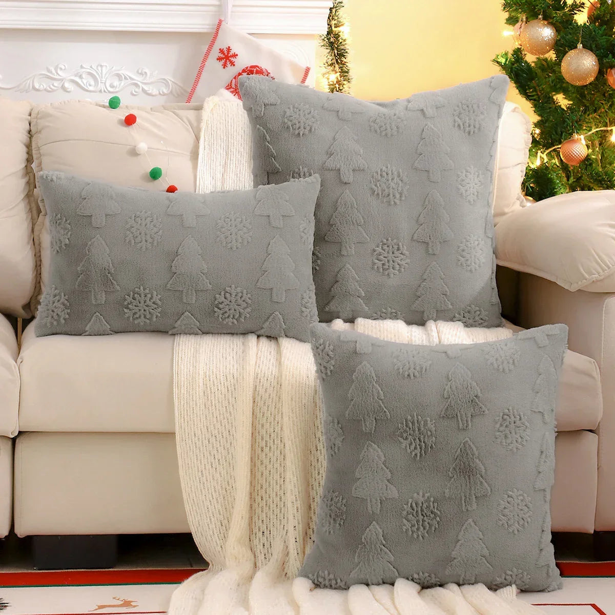 Capa de Almofada Natalina Plush Jacquard Floco de Neve Lenogue