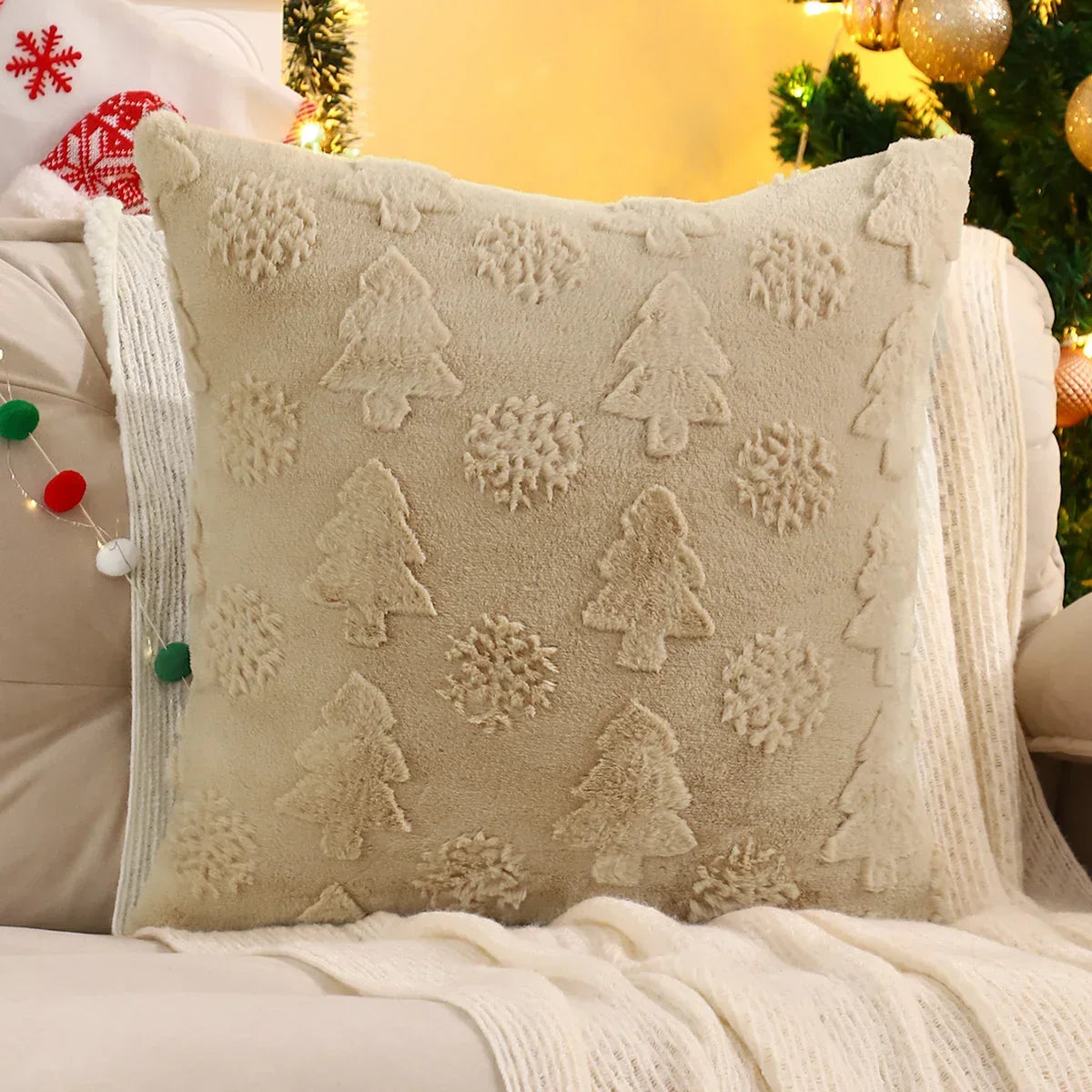 Capa de Almofada Natalina Plush Jacquard Floco de Neve Lenogue Caqui / 30 x 50 cm