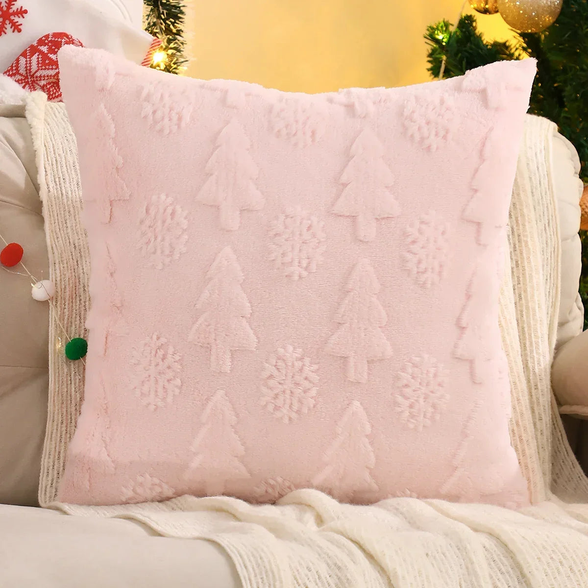 Capa de Almofada Natalina Plush Jacquard Floco de Neve Lenogue Rosa / 30 x 50 cm