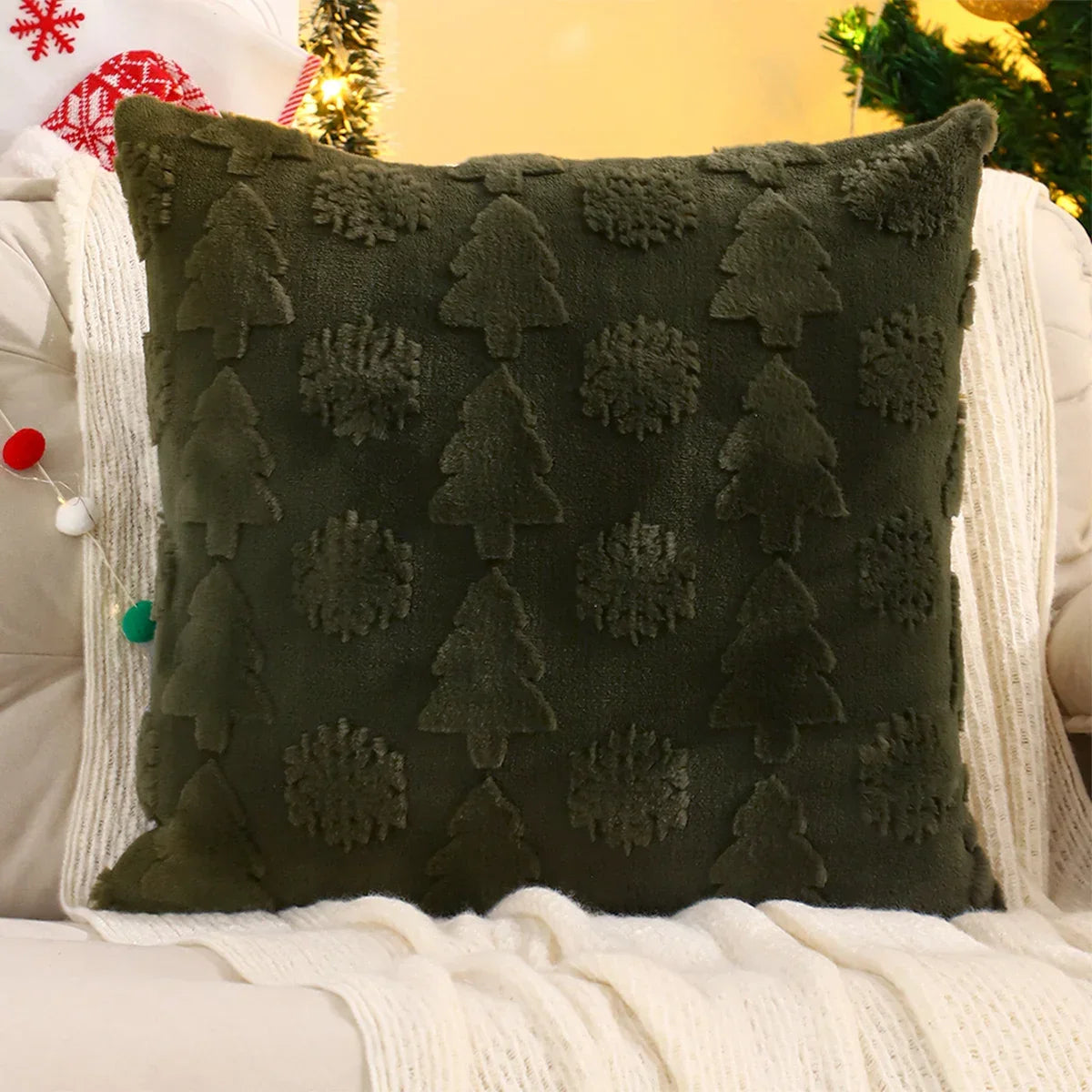 Capa de Almofada Natalina Plush Jacquard Floco de Neve Lenogue Verde / 30 x 50 cm