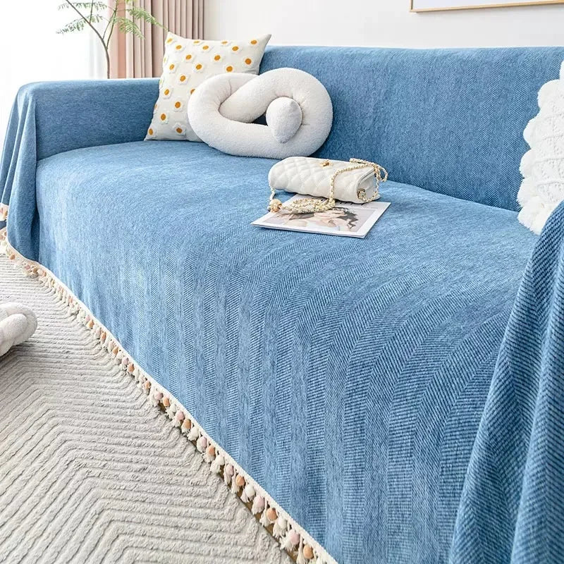 Capa para Sofá Azul Chenille Chevron Universal com Cobertura Total Lenogue / 180 x 130 Cm