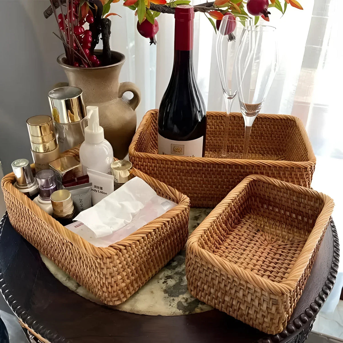 Cesto Organizador de Palha Rattan Feito à Mão para Decoração Natural Lenogue Kit 3 Peças (p + m + g)