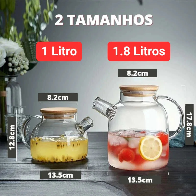 Chaleira de Vidro Borossilicato com Tampa de Bambu para Chá Lenogue