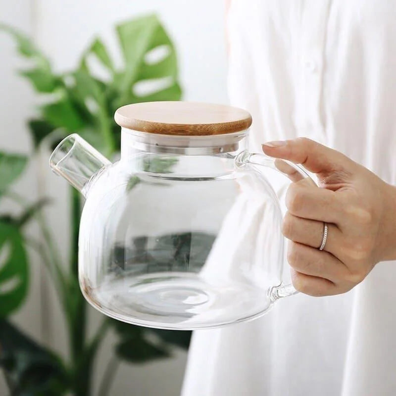 Chaleira de Vidro Borossilicato com Tampa de Bambu para Chá Lenogue Transparente (1 L)