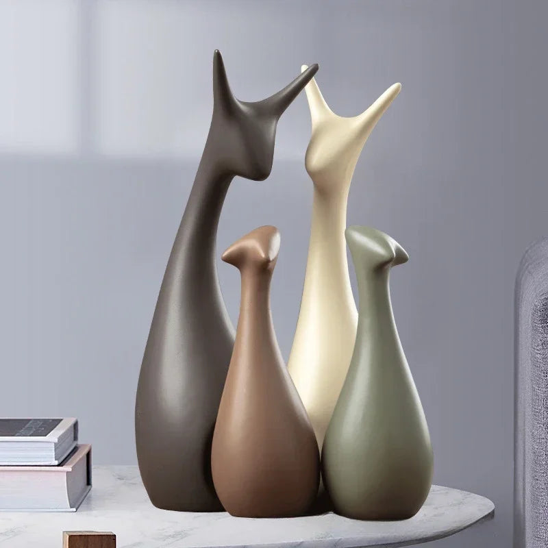 Conjunto de Cerâmica Decorativa para Sala Moderna Trio de Cervos Branco Lenogue 4 Peças