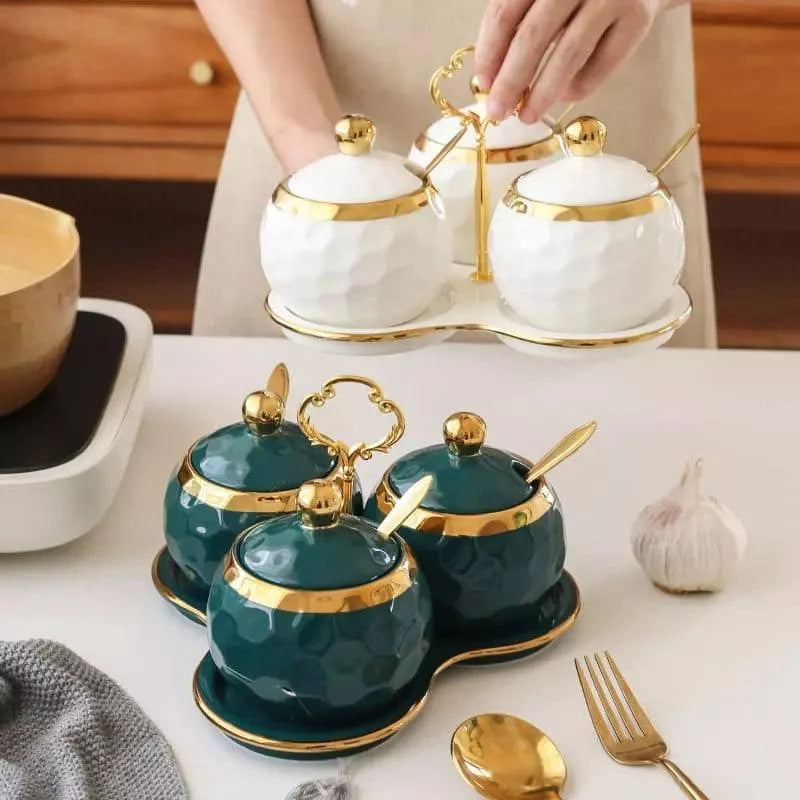 Conjunto de Potes de Cerâmica Açucareiro e Saleiro Branco para Cozinha Lenogue