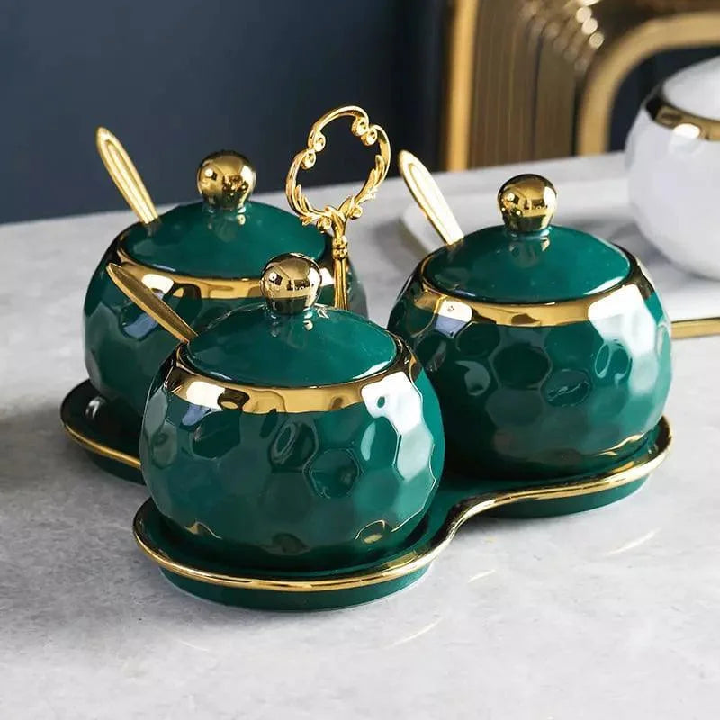 Conjunto de Potes de Cerâmica Açucareiro e Saleiro Branco para Cozinha Lenogue Verde