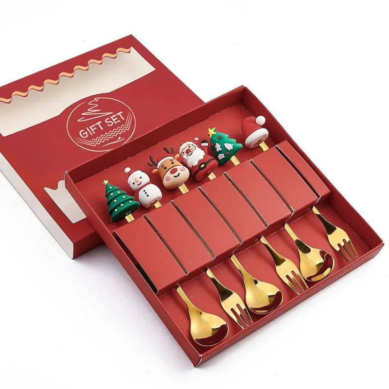 Conjunto de Talheres Inox Decorativos para Mesa de Natal 4 Peças Lenogue 6 Peças