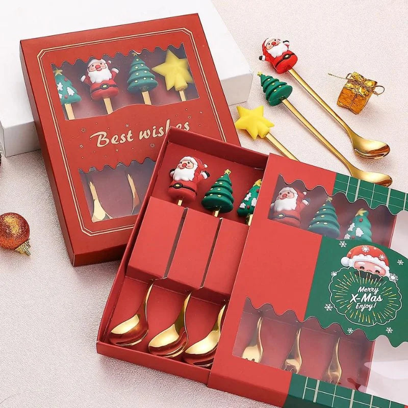 Conjunto de Talheres Inox Decorativos para Mesa de Natal 4 Peças Lenogue