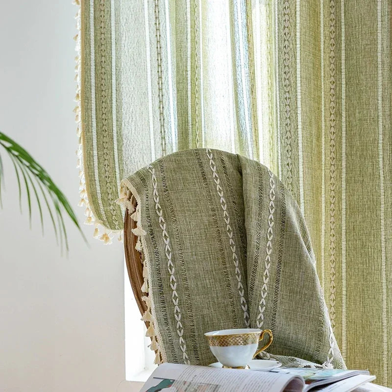 Cortina Verde Sage com Textura e Tassel para Quarto e Sala Lenogue