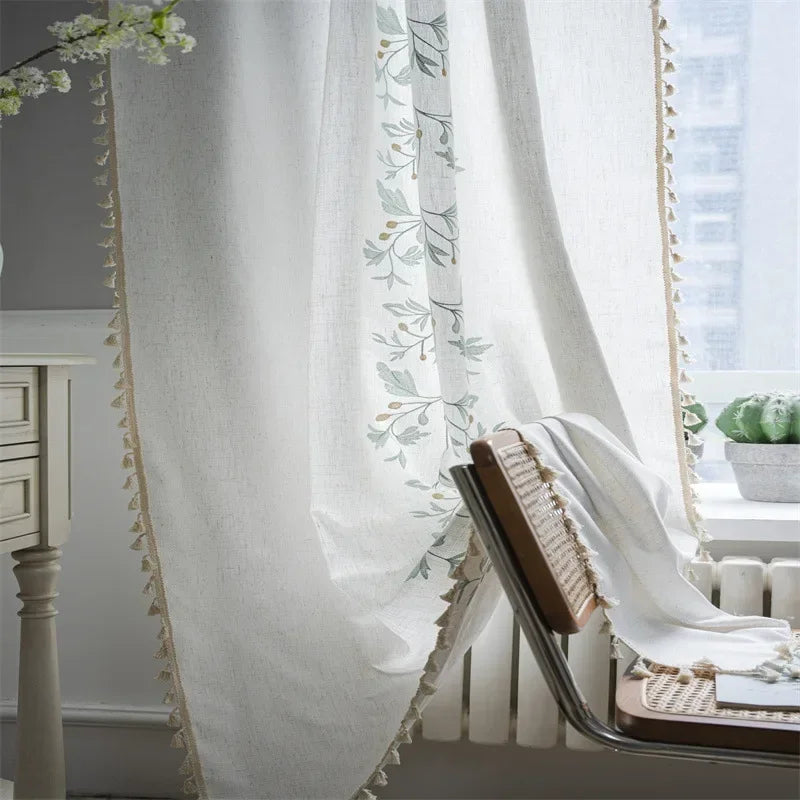 Cortina Verde Sage com Textura e Tassel para Quarto e Sala Lenogue Branco / 140 x 120 cm