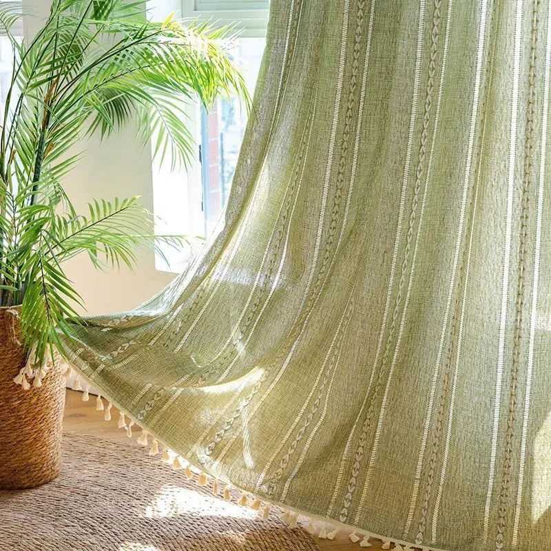 Cortina Verde Sage com Textura e Tassel para Quarto e Sala Lenogue