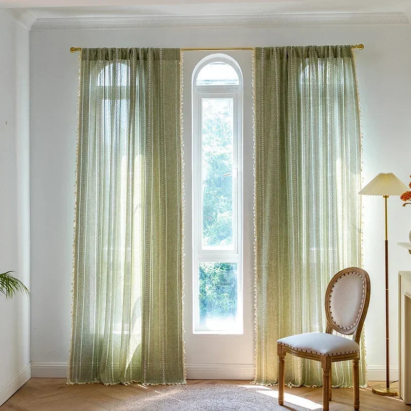 Cortina Verde Sage com Textura e Tassel para Quarto e Sala Lenogue