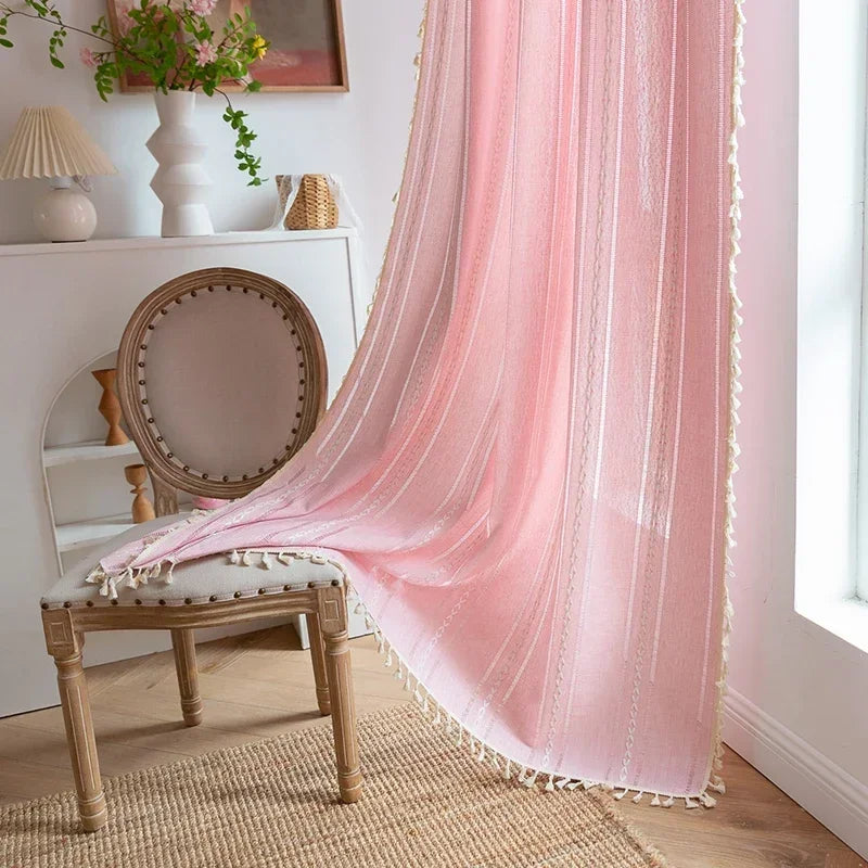 Cortina Verde Sage com Textura e Tassel para Quarto e Sala Lenogue Rosa / 140 x 120 cm