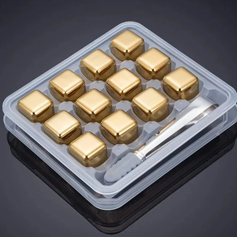 Cubos de Gelo de Aço Inox Dourado com Pegador Lenogue 12 Cubos + Pegador