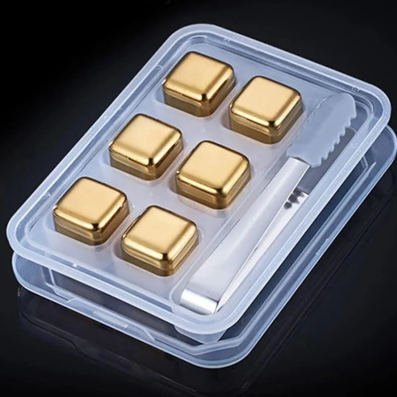Cubos de Gelo de Aço Inox Dourado com Pegador Lenogue 6 Cubos + Pegador