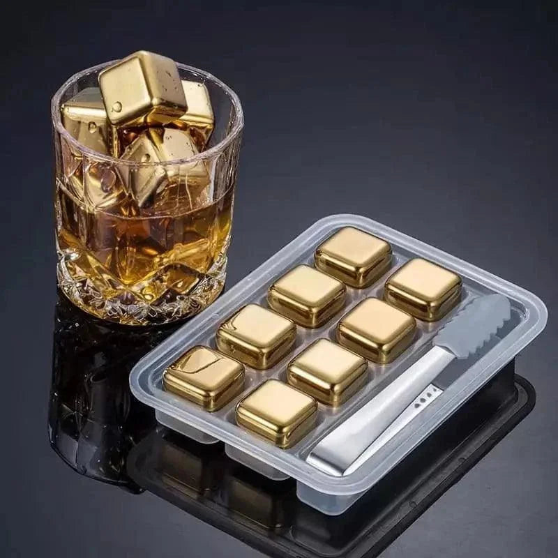 Cubos de Gelo de Aço Inox Dourado com Pegador Lenogue 8 Cubos + Pegador