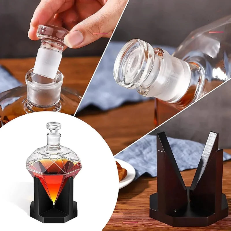 Decanter de Vidro em Formato Diamante com Suporte de Madeira Lenogue
