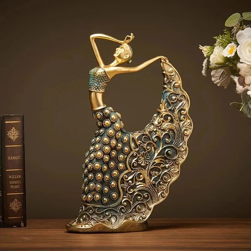 Escultura Bailarina Pavão em Resina Premium Pintura Manual Lenogue Dourado