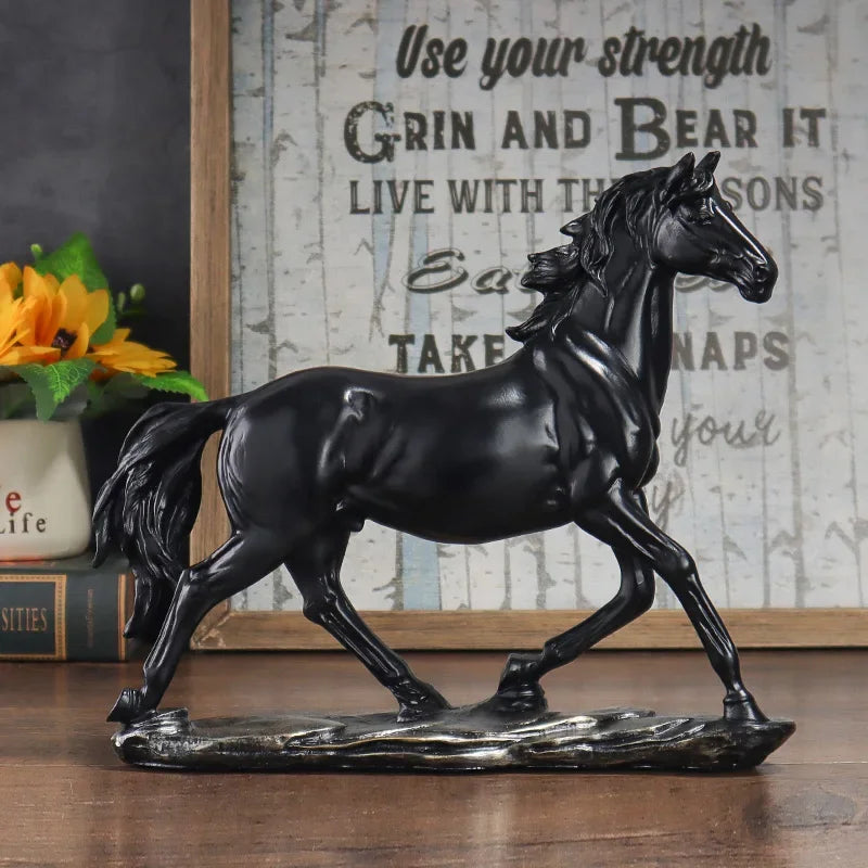 Escultura Cavalo em Resina Estilo Chinês Pose em Galope Lenogue Preto