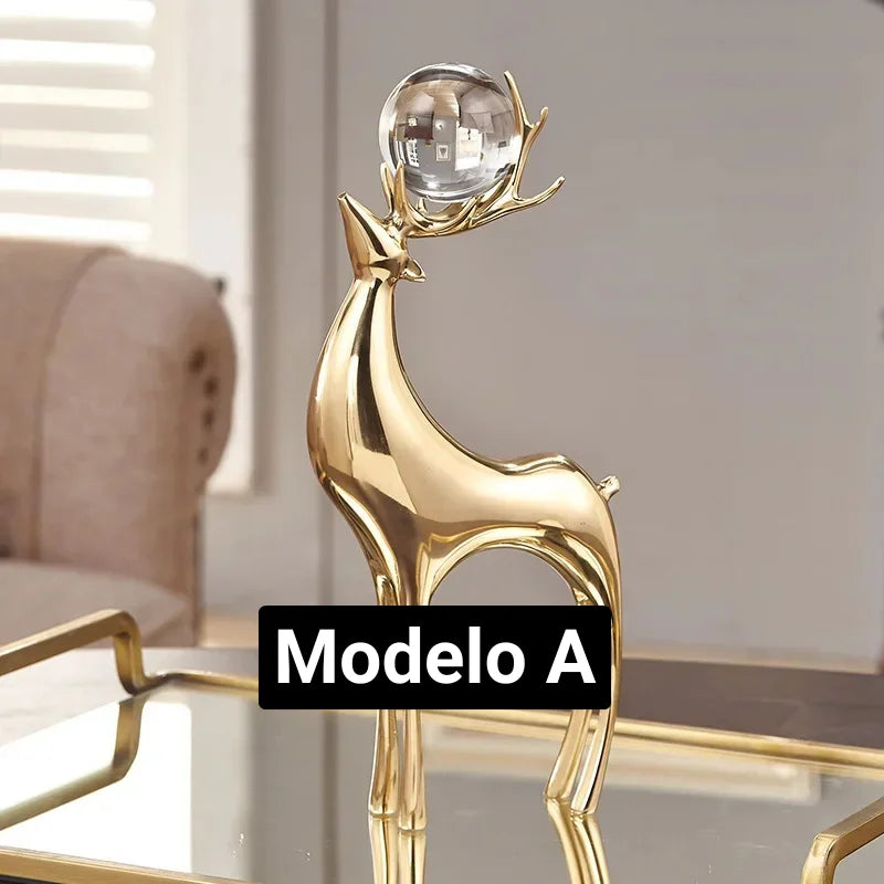 Escultura de Cervo Dourado com Bola de Cristal para Sala e Escritório Lenogue Mod. A