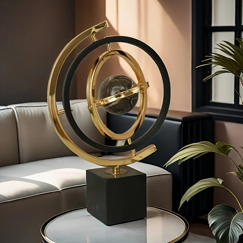 Escultura Globo Abstrato em Metal para Sala e Escritório Lenogue Dourado Preto