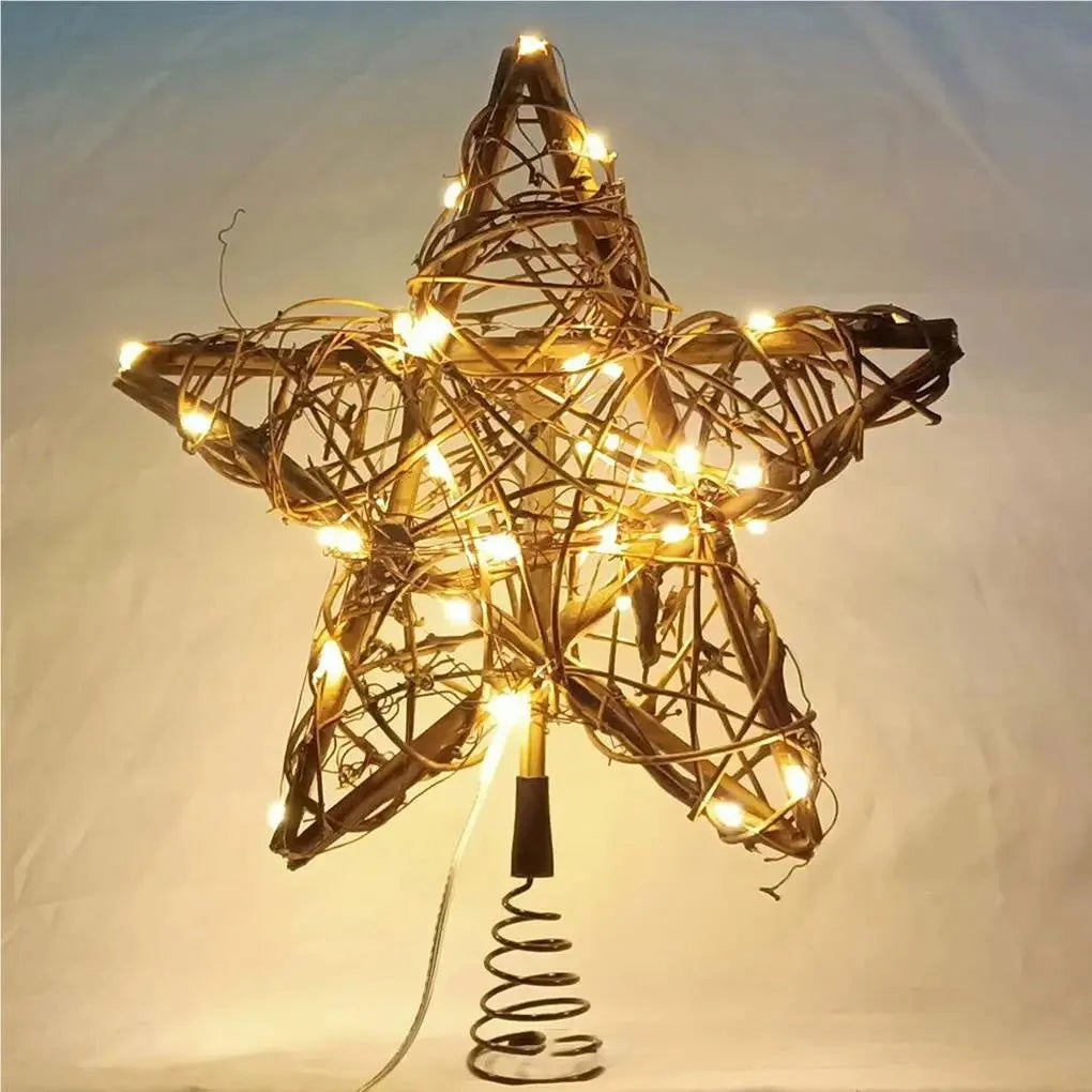 Estrela Led Rústica para Topo de árvore de Natal Decorativa Lenogue Madeira / 25 cm