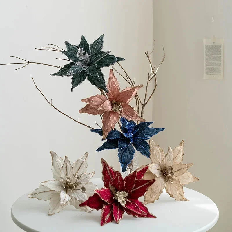 Flor Decorativa Natalina Flanela Dourada para Arranjos e árvore Lenogue Kit 6 Peças (1 Peça de cada Cor)