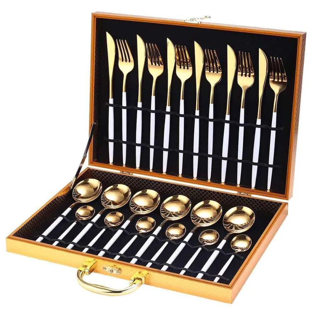 Jogo de Talheres de Aço Inox 24 Peças com Maleta Lenogue Branco com Dourado + Maleta
