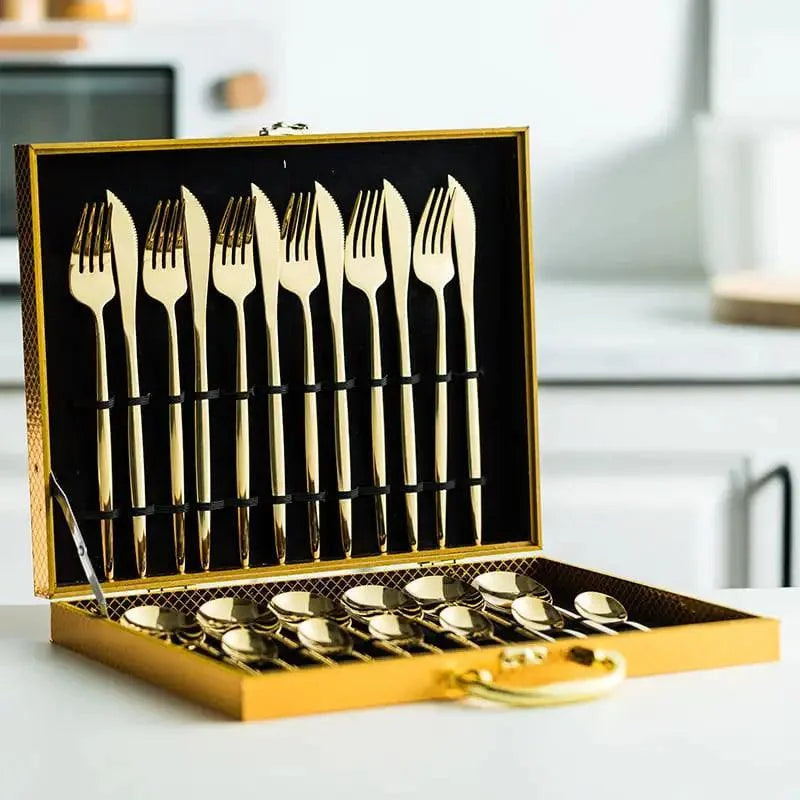 Jogo de Talheres de Aço Inox 24 Peças com Maleta Lenogue Dourado + Maleta