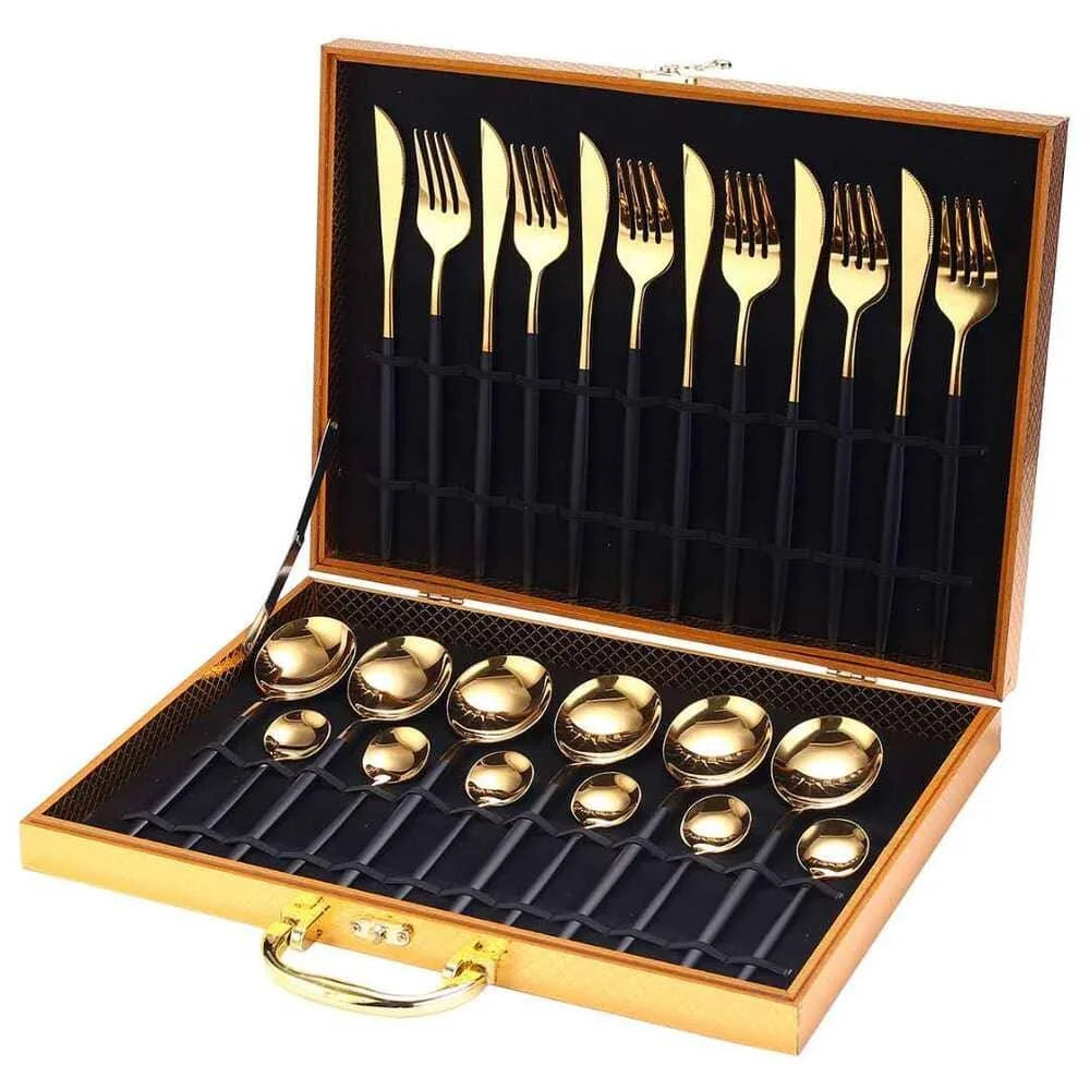 Jogo de Talheres de Aço Inox 24 Peças com Maleta Lenogue Preto com Dourado + Maleta
