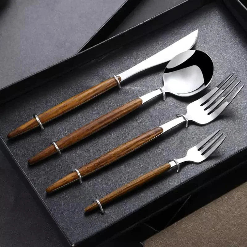 Jogo de Talheres de Aço Inox 30 Peças com Cabo Amadeirado Lenogue