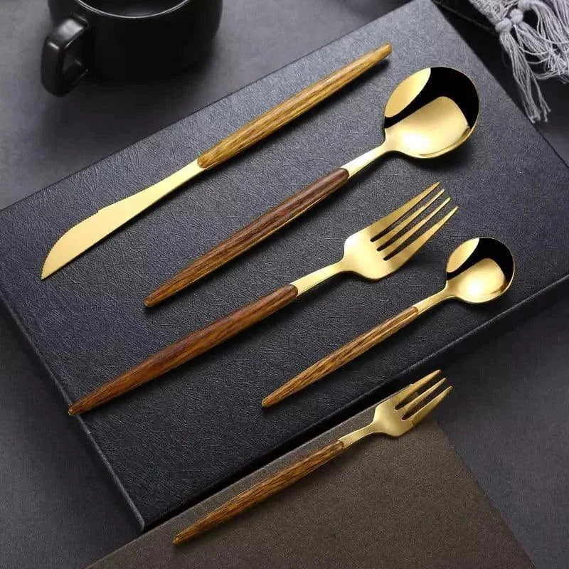 Jogo de Talheres de Aço Inox 30 Peças com Cabo Amadeirado Lenogue Dourado