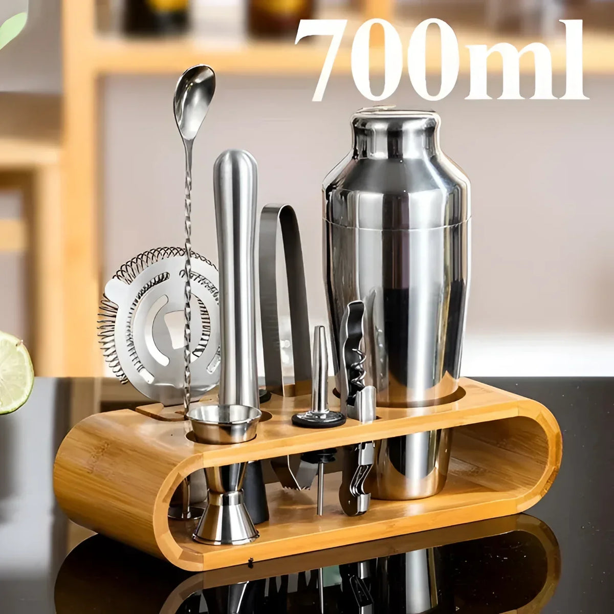 Kit Bartender 10 Peças de Aço Inox com Suporte de Bambu Lenogue