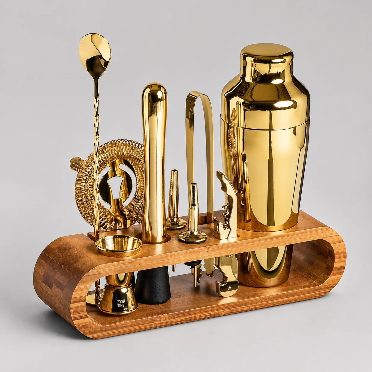 Kit Bartender 10 Peças de Aço Inox com Suporte de Bambu Lenogue Dourado