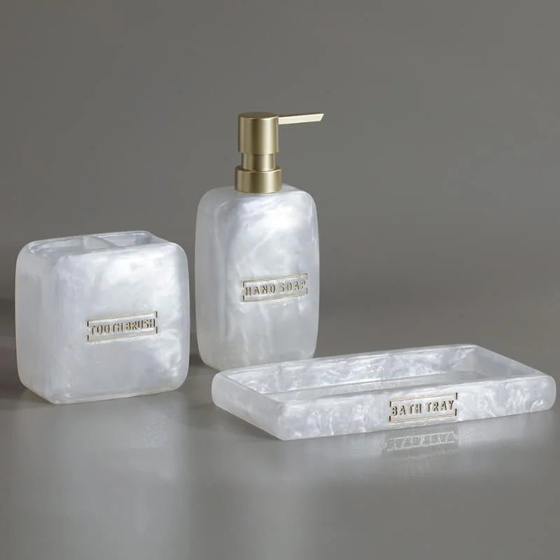 Kit para Banheiro Resina Dourado com Dispenser e Porta Escova 3 Peças Lenogue Branco Pérola