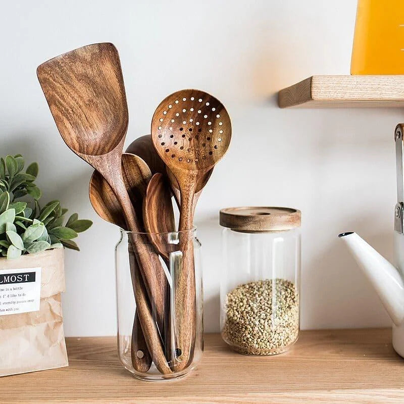 Kit Utensílios de Cozinha 7 Peças em Madeira Teca Lenogue (conj. Peças)