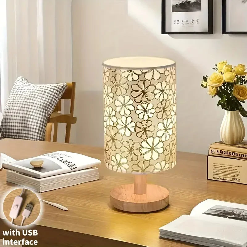 Luminária de Mesa Fleurie Base de Madeira Abajur Floral Lenogue