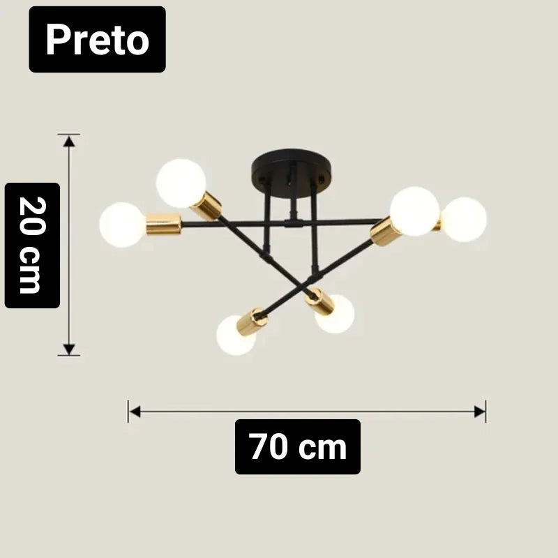 Lustre Led Nórdico Preto e Dourado para Quarto e Sala Lenogue