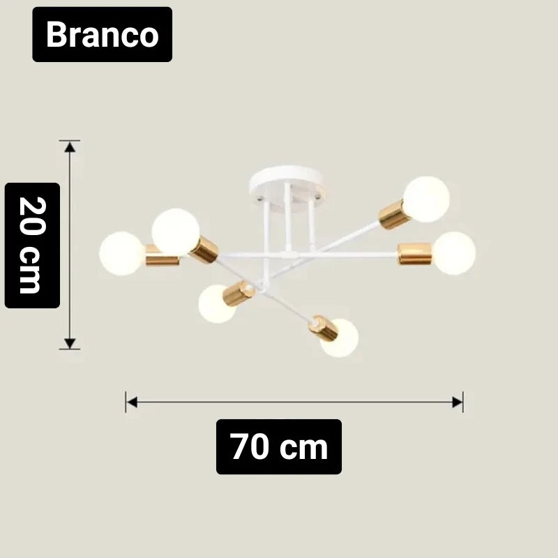 Lustre Led Nórdico Preto e Dourado para Quarto e Sala Lenogue Branco / 20 x 70 cm